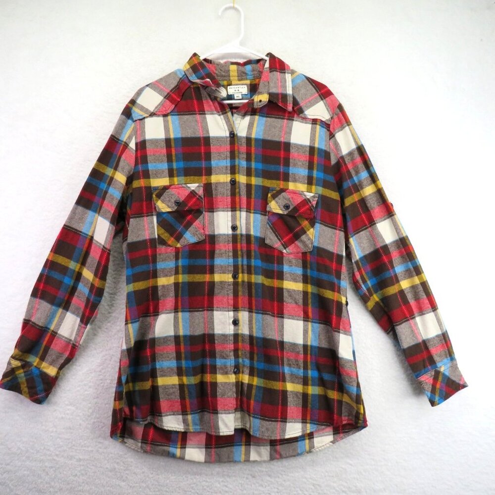 Matchstitch Plaid Flannel Shirt Womens XL Red Blue Roll Tab Long Sleeve Pockets